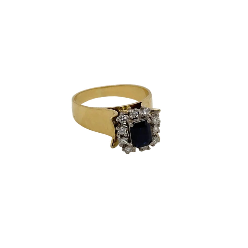18ct Yellow and White Gold Dark Blue Sapphire and Diamond Ring