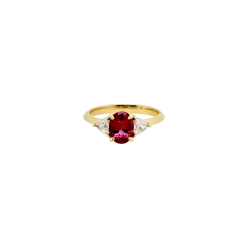 18ct Yellow Gold Natural Untreated Nigerian Rubelite and Trilliant Cut Diamond Ring