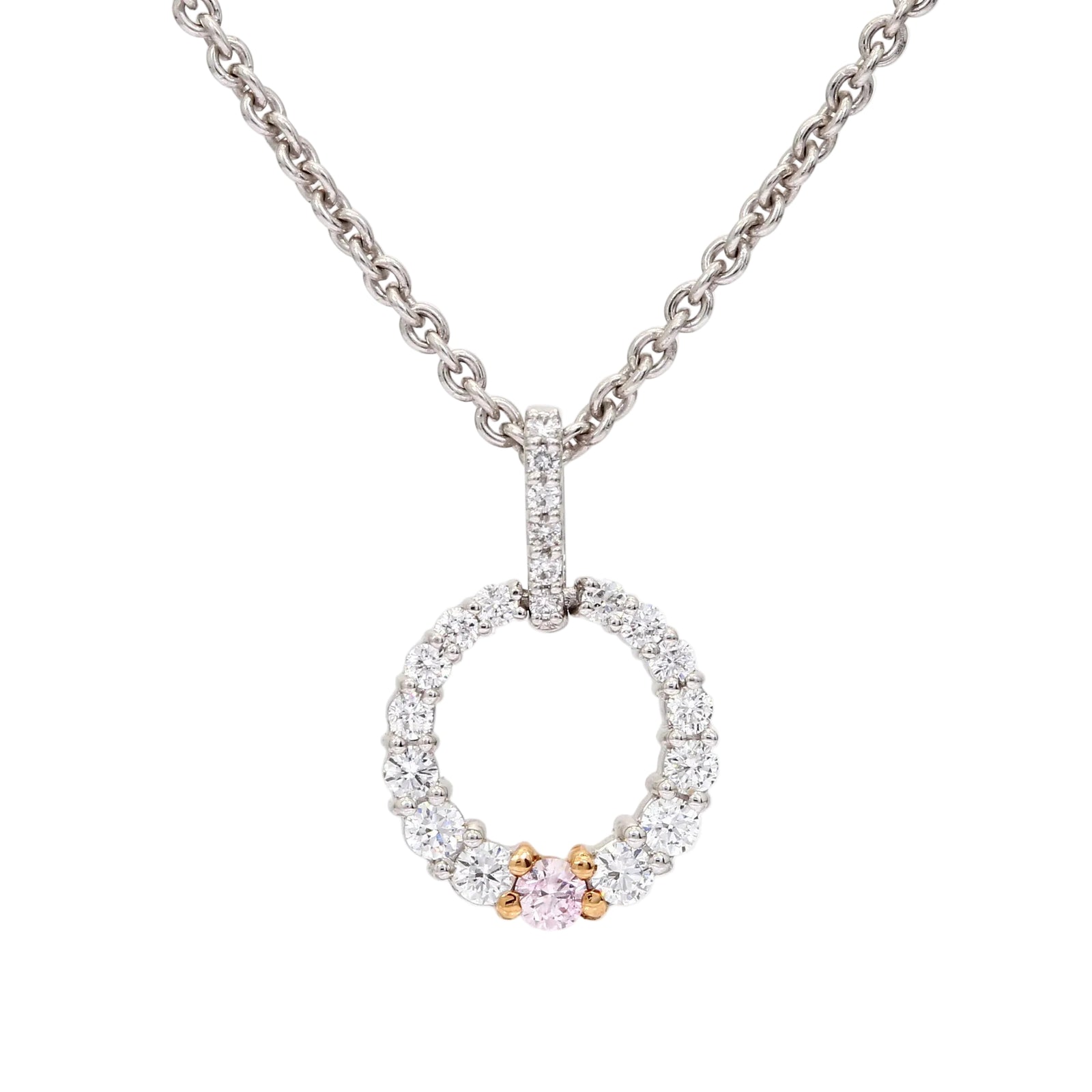 18ct White and Rose Gold Natural Argyle White and Pink Diamond Open Circle Necklace