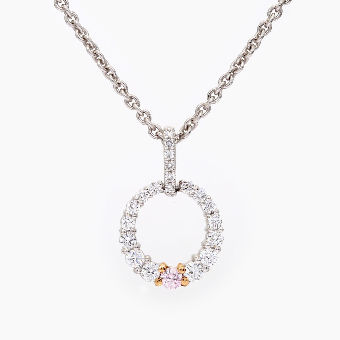 18ct White and Rose Gold Natural Argyle White and Pink Diamond Open Circle Necklace