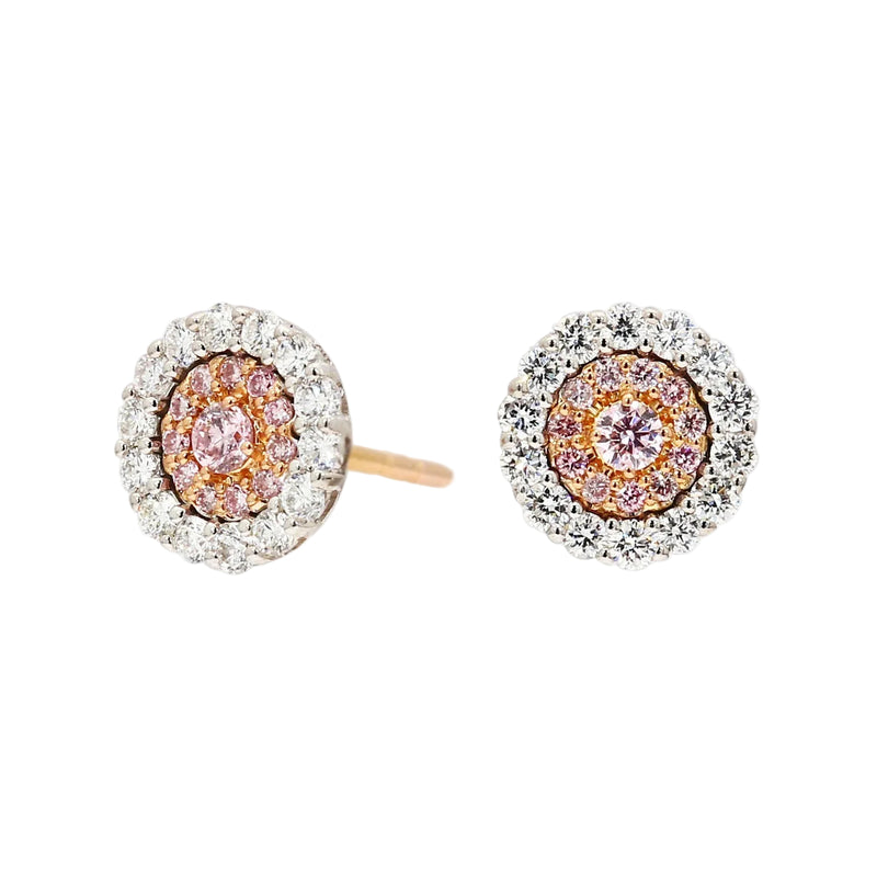 18ct White and Rose Gold Natural Argyle Pink and White Diamond Halo Stud Earrings