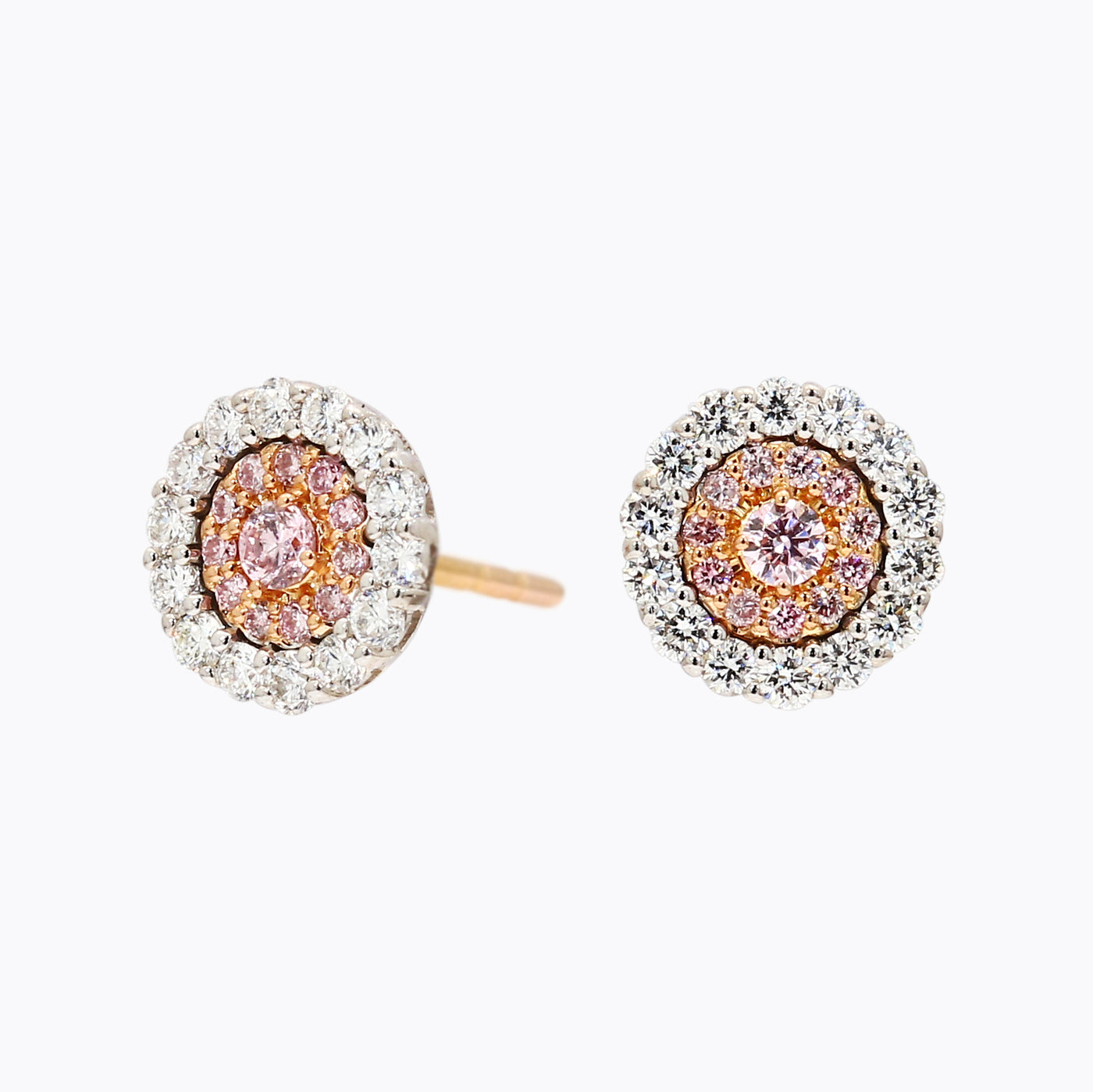 18ct White and Rose Gold Natural Argyle Pink and White Diamond Halo Stud Earrings