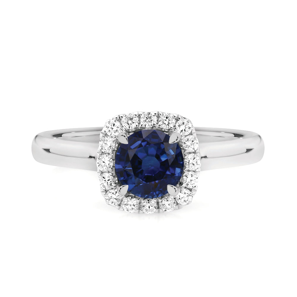 18ct White Gold Cushion Cut Ceylonese Sapphire and Diamond Halo Ring