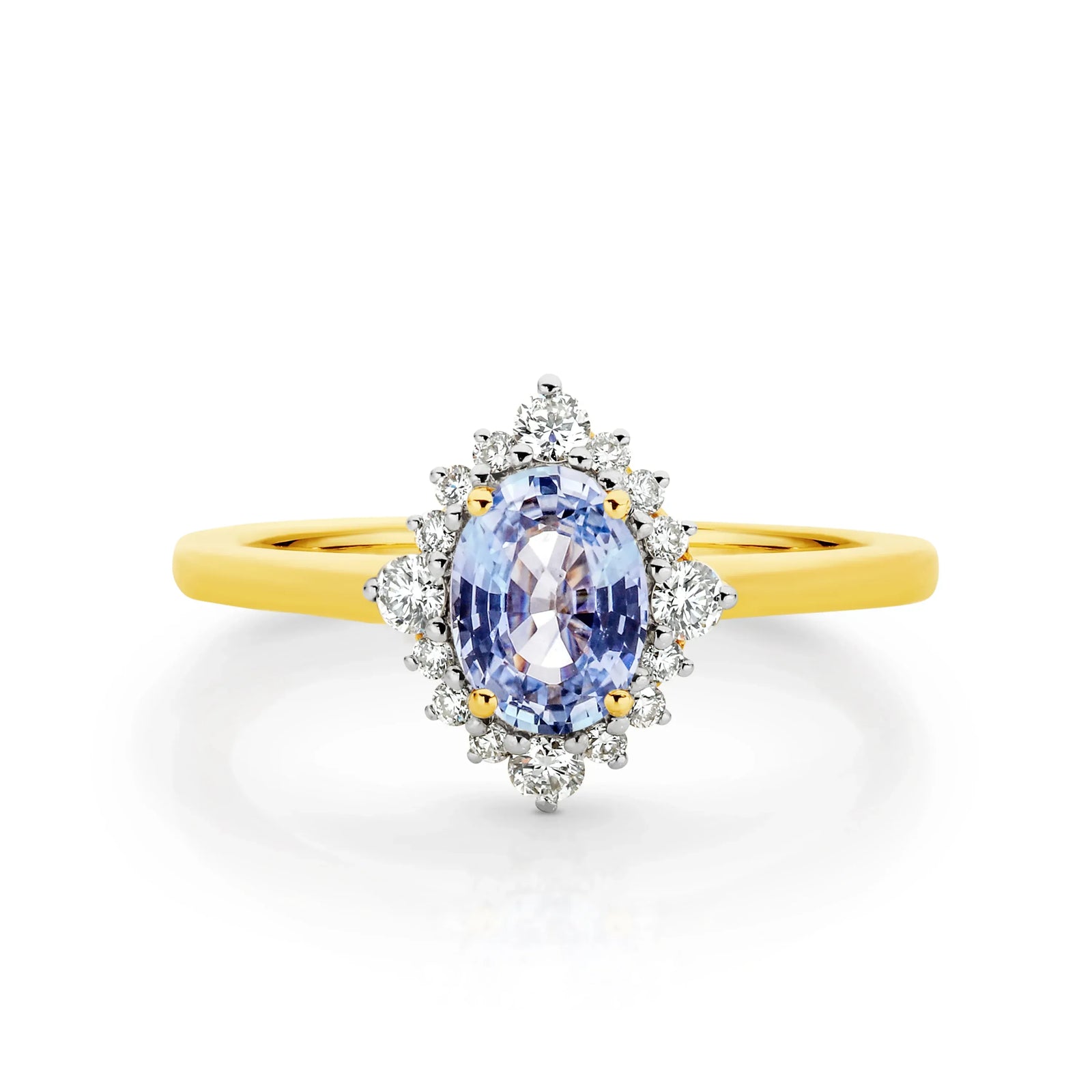 9ct Yellow Gold Ceylonese Sapphire and Diamond Halo Ring
