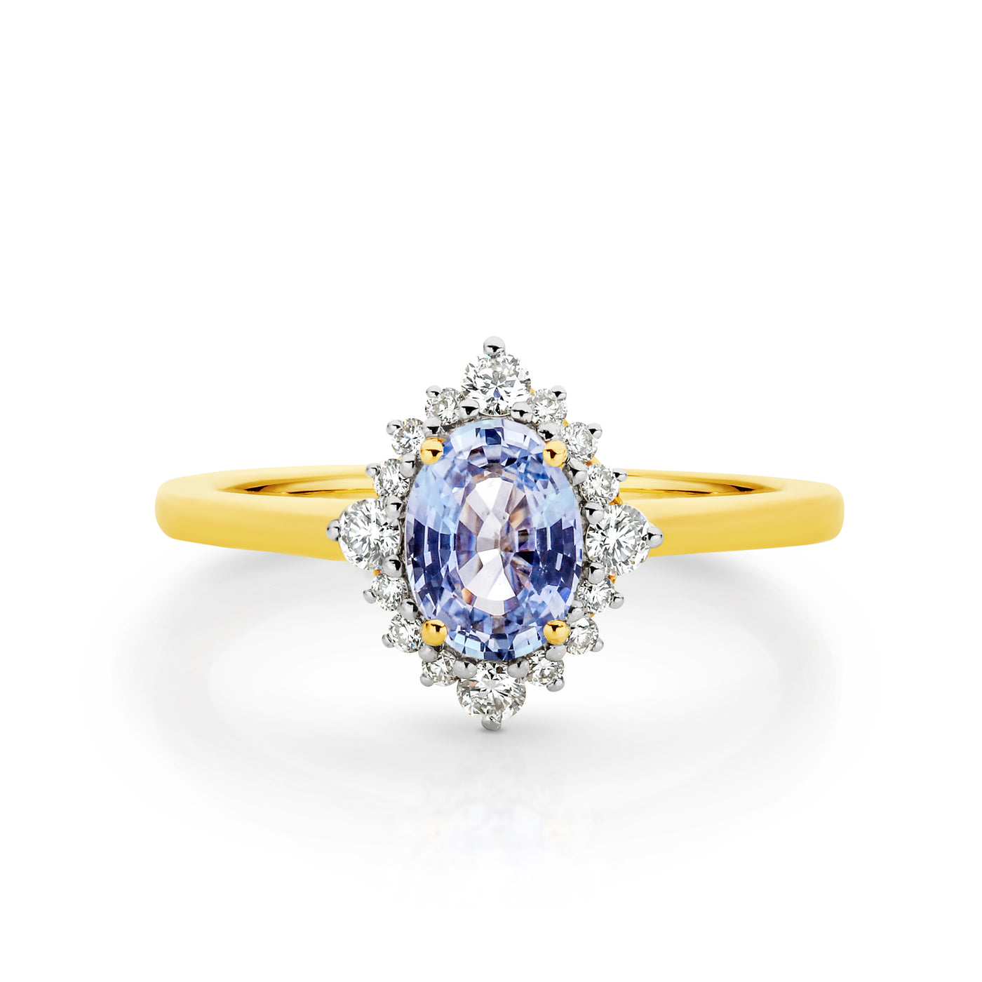 9ct Yellow Gold Ceylonese Sapphire and Diamond Halo Ring