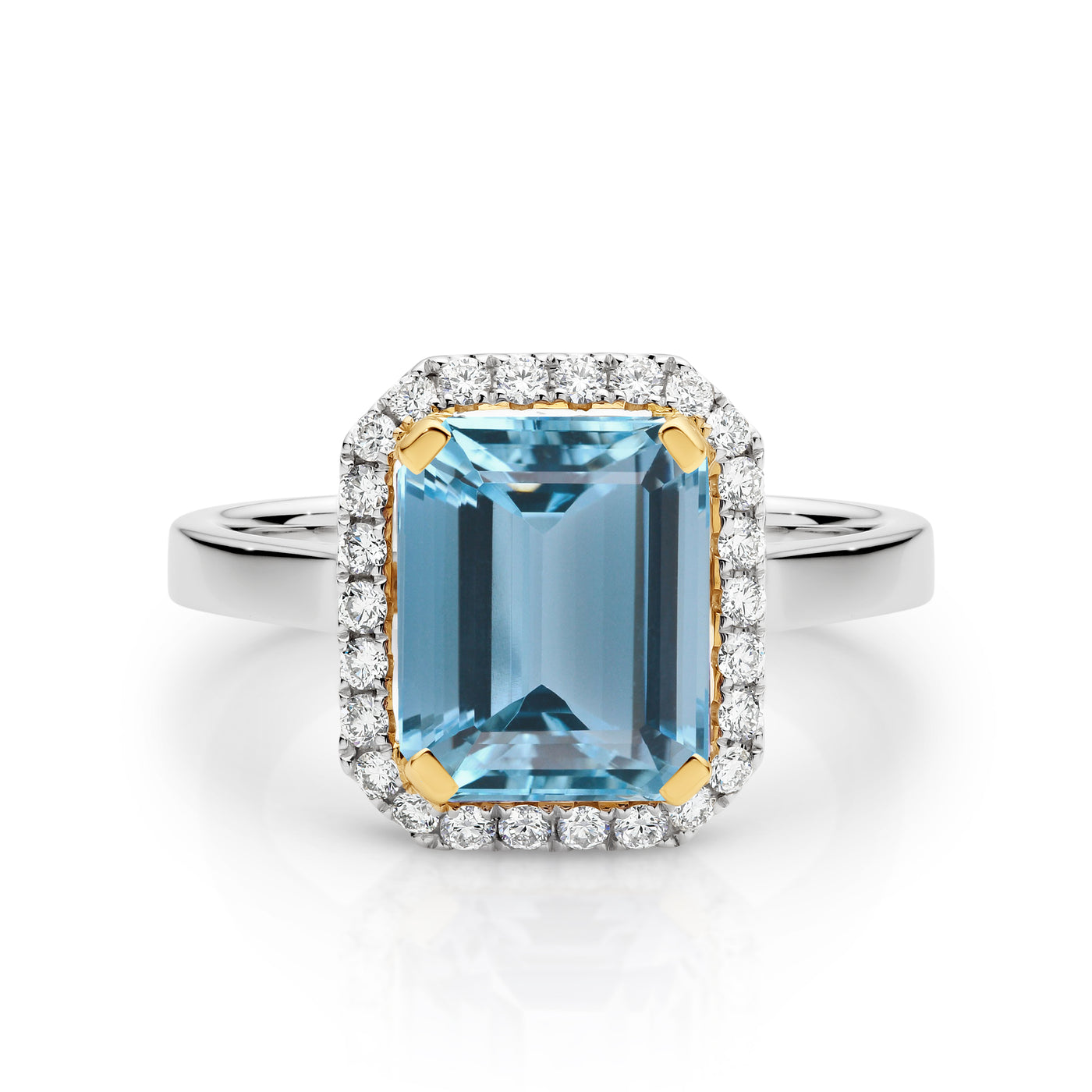 18ct White and Rose Gold Emerald Cut Aquamarine and Diamond Ring