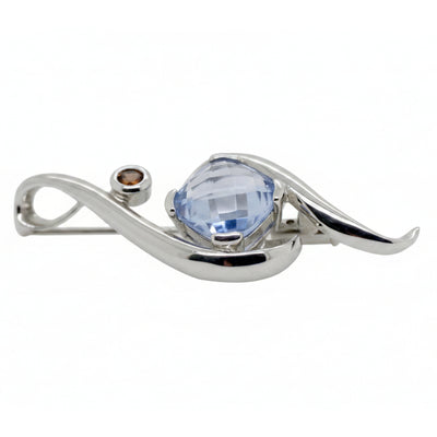 Sterling Silver Brooch with Blue Crystal and Red CZ
