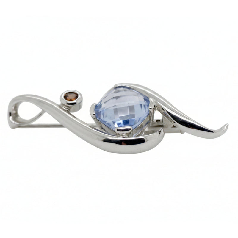 Sterling Silver Brooch with Blue Crystal and Red CZ