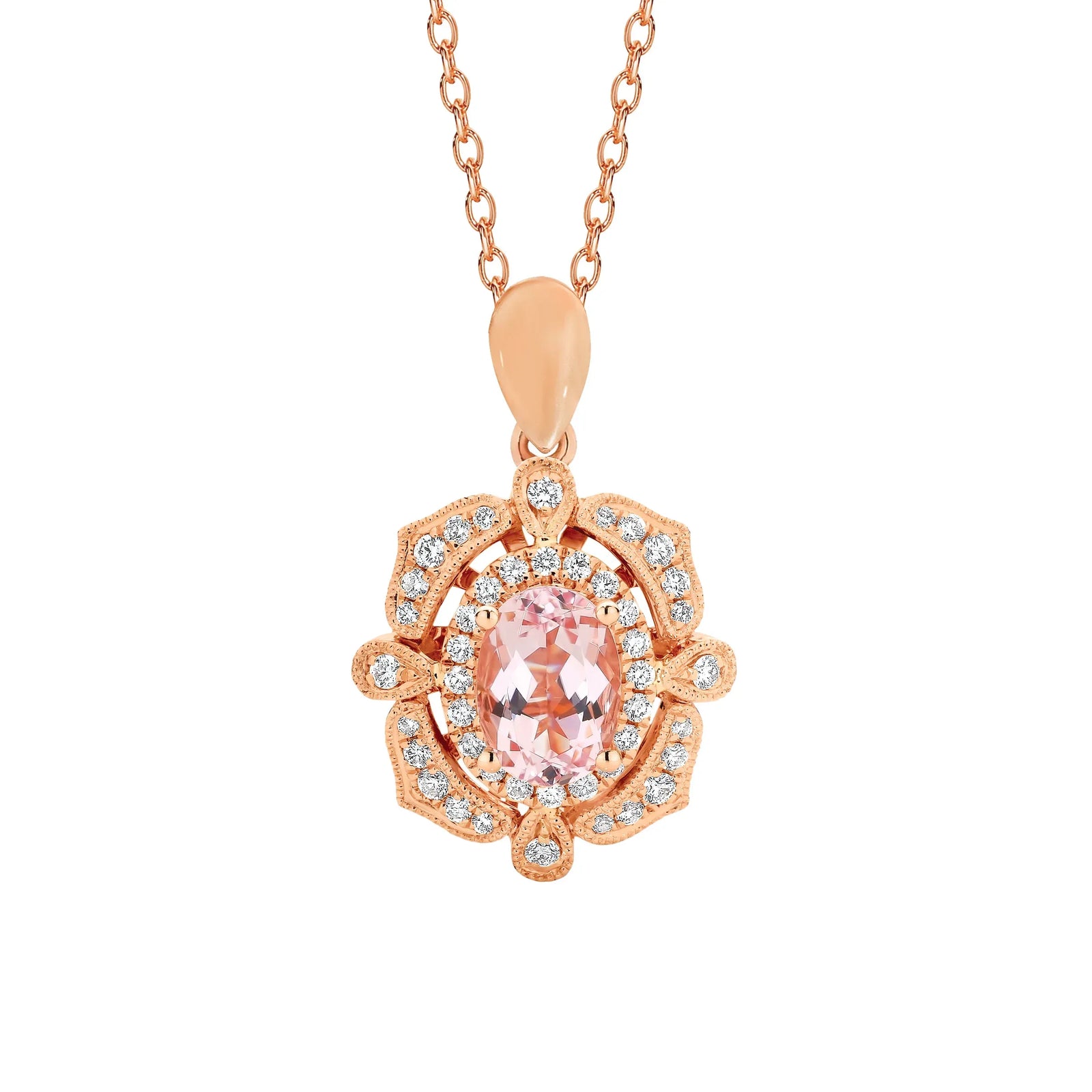 9ct Rose Gold Morganite and Diamond Vintage Pendant