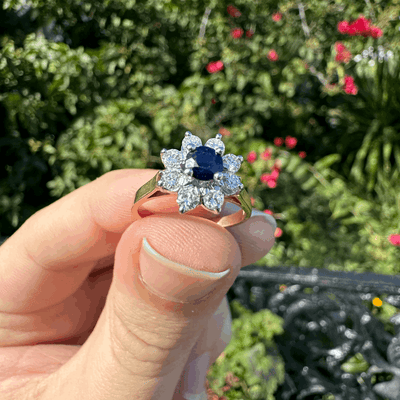 18ct Yellow and White Blue Sapphire and Diamond Cluster Ring