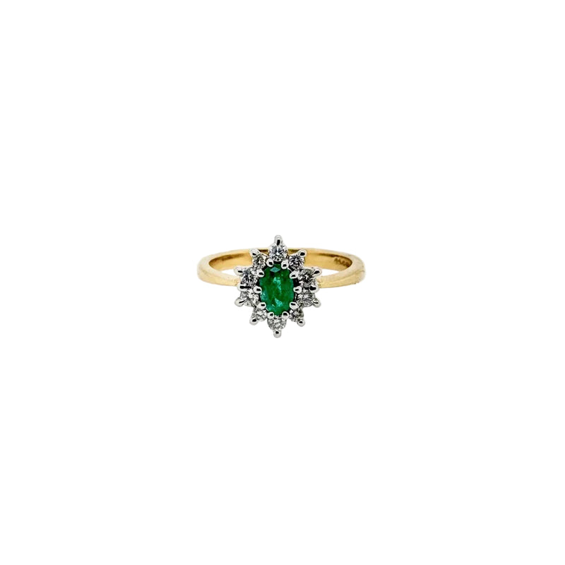 18ct Yellow and White Gold Oval Emerald and Diamond Cluster Ring
