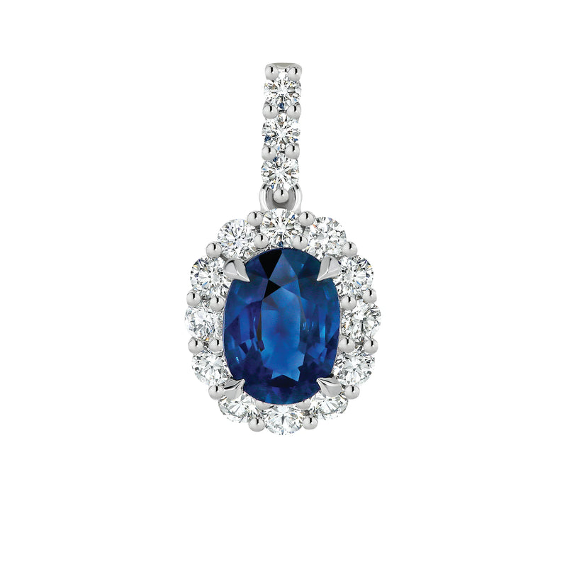 18ct White Gold Oval Australian Sapphire and Diamond Halo Pendant