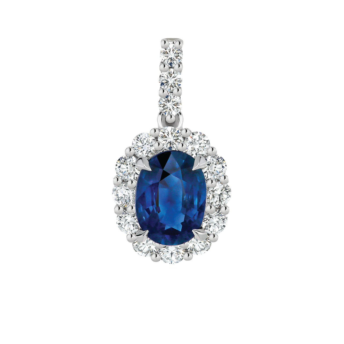 18ct White Gold Oval Australian Sapphire and Diamond Halo Pendant