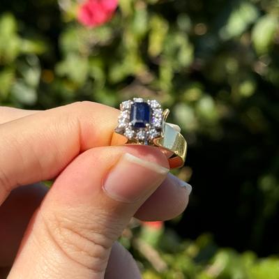 18ct Yellow and White Gold Dark Blue Sapphire and Diamond Ring