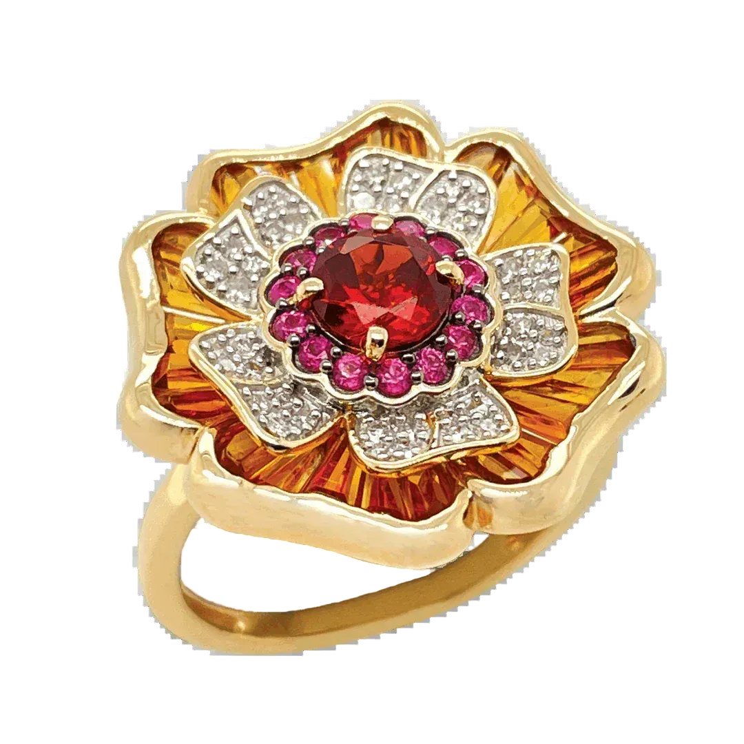 9ct Yellow Gold Citrine Garnet Pink Sapphire & Diamond Flower Ring