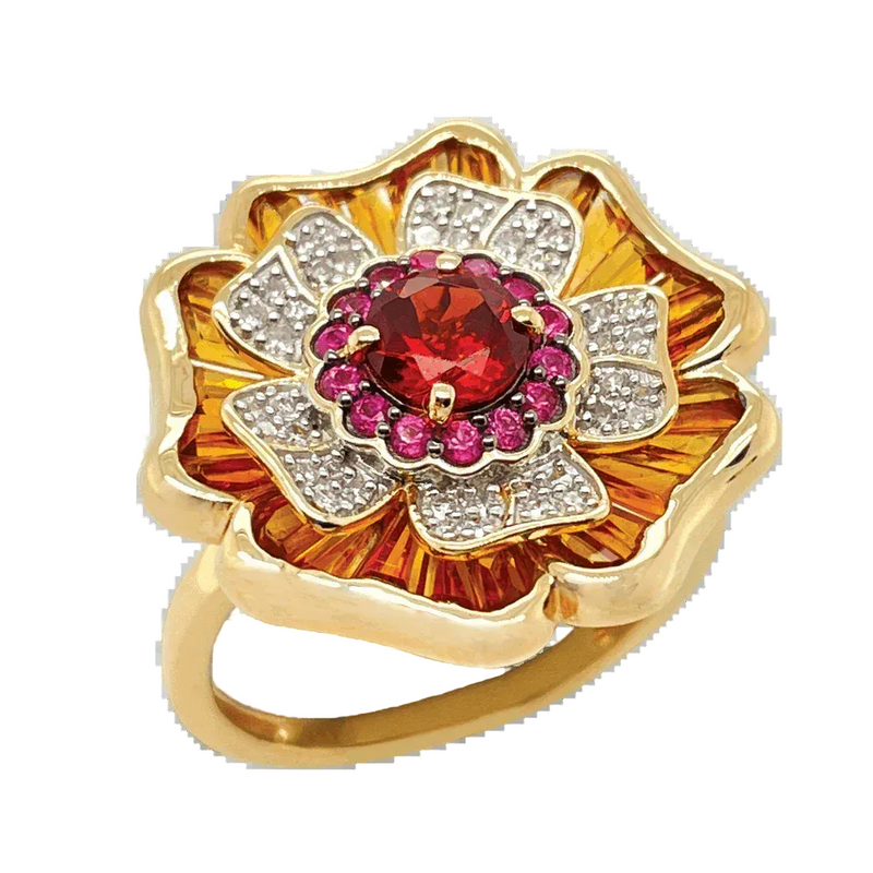 9ct Yellow Gold Citrine Garnet Pink Sapphire & Diamond Flower Ring