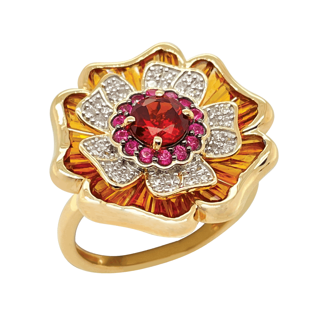 9ct Yellow Gold Citrine Garnet Pink Sapphire & Diamond Flower Ring