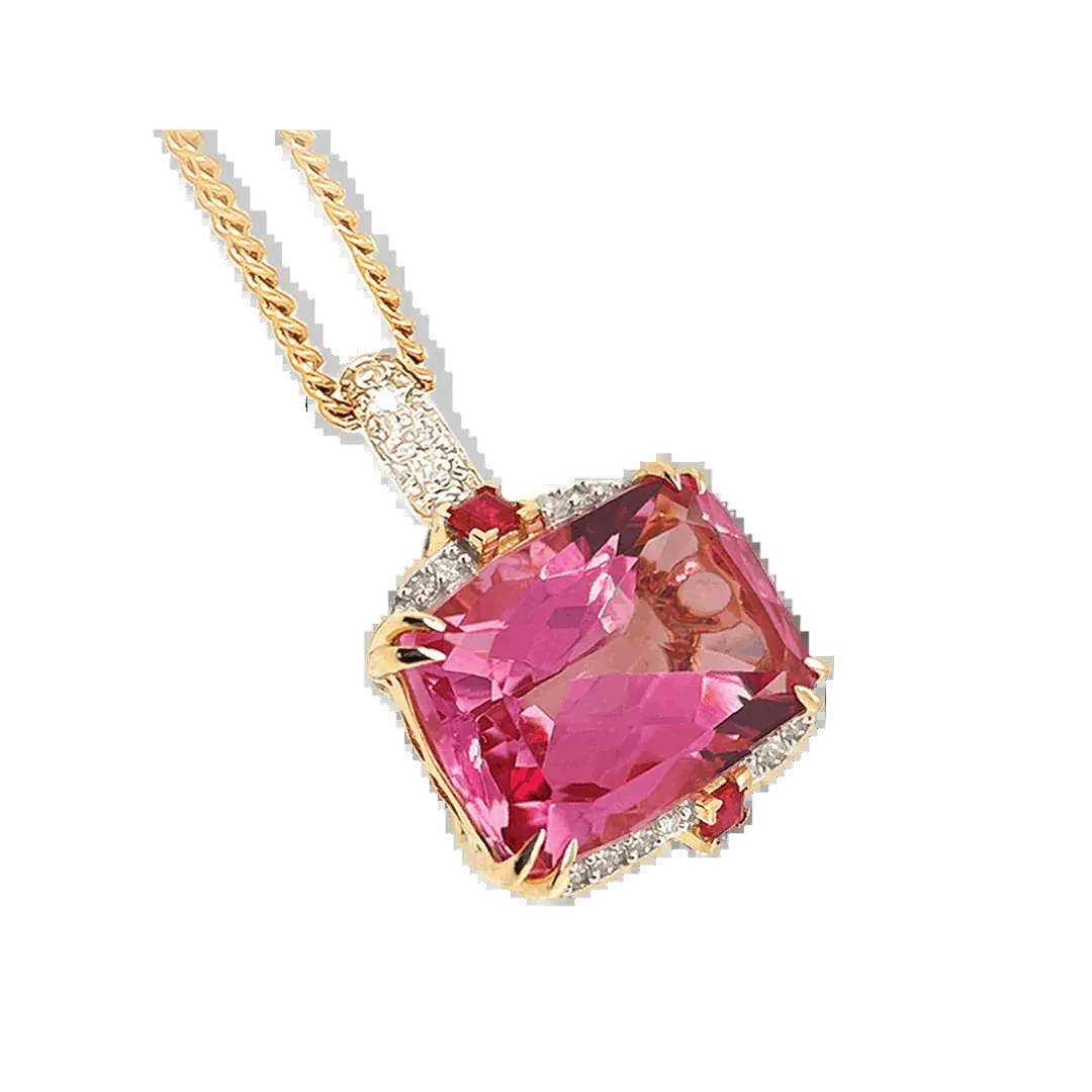 9ct Yellow Gold Pink Topaz Cushion Ruby & Diamond Enhancer