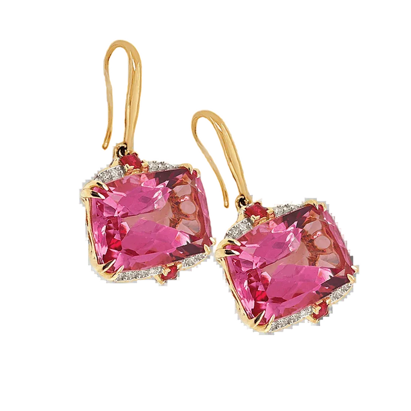 9ct Yellow Gold Pink Topaz Ruby & Diamond Earring