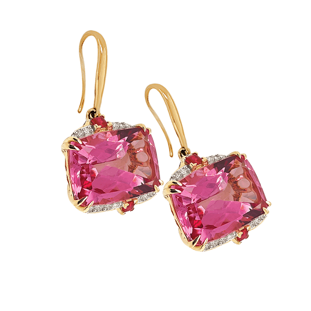 9ct Yellow Gold Pink Topaz Ruby & Diamond Earring