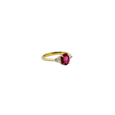 18ct Yellow Gold Natural Untreated Nigerian Rubelite and Trilliant Cut Diamond Ring