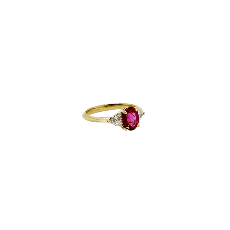 18ct Yellow Gold Natural Untreated Nigerian Rubelite and Trilliant Cut Diamond Ring