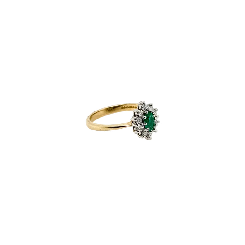 18ct Yellow and White Gold Oval Emerald and Diamond Cluster Ring