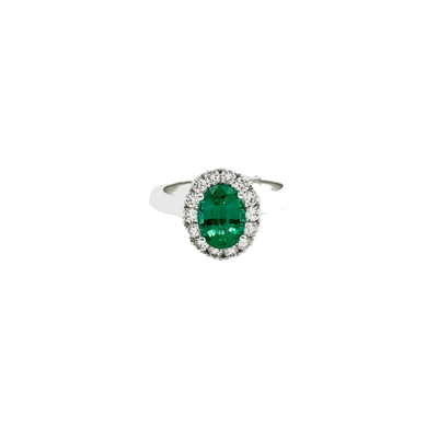 18ct White Gold Emerald and Diamond Halo Ring