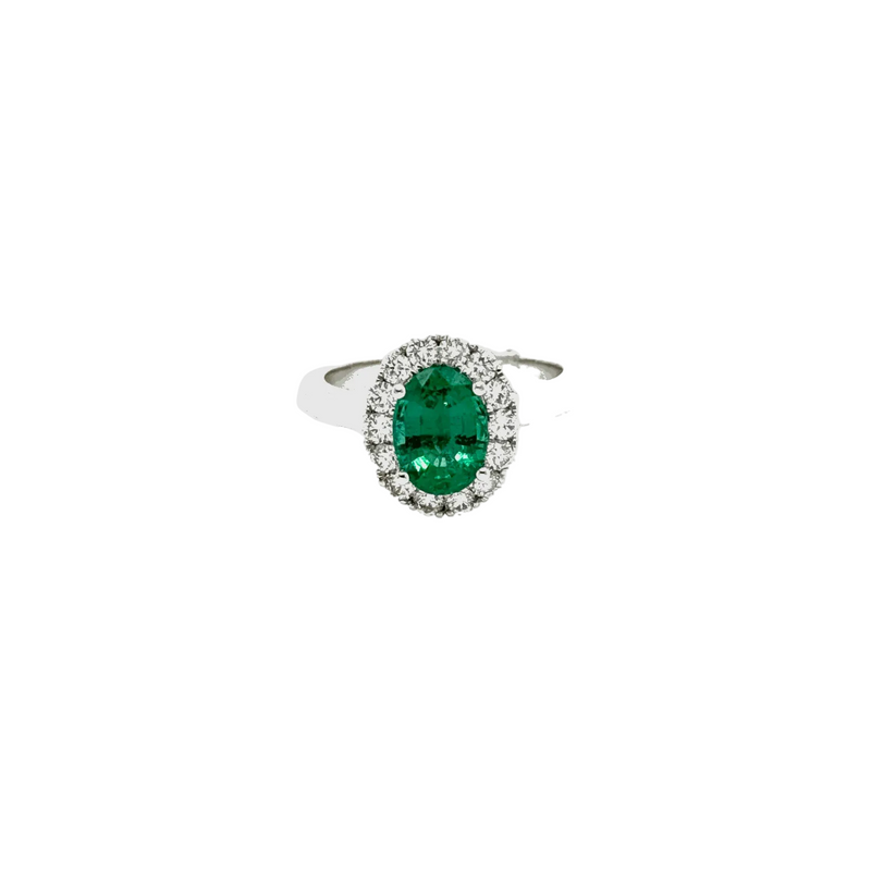 18ct White Gold Emerald and Diamond Halo Ring