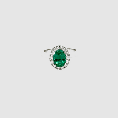 18ct White Gold Emerald and Diamond Halo Ring