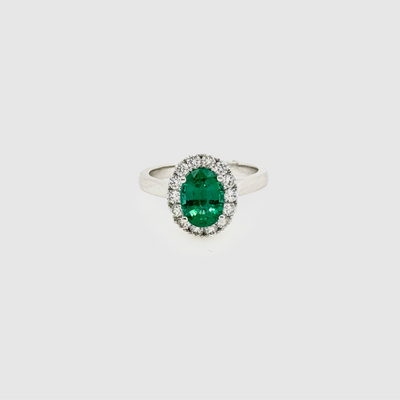 18ct White Gold Emerald and Diamond Halo Ring