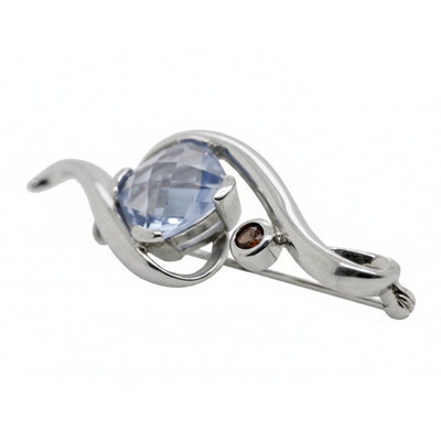 Sterling Silver Brooch with Blue Crystal and Red CZ