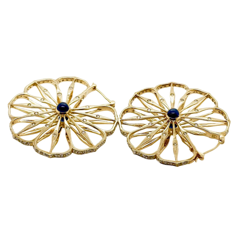 9ct Yellow Gold Cabochon Blue Sapphire and Diamond Hoops Earrings