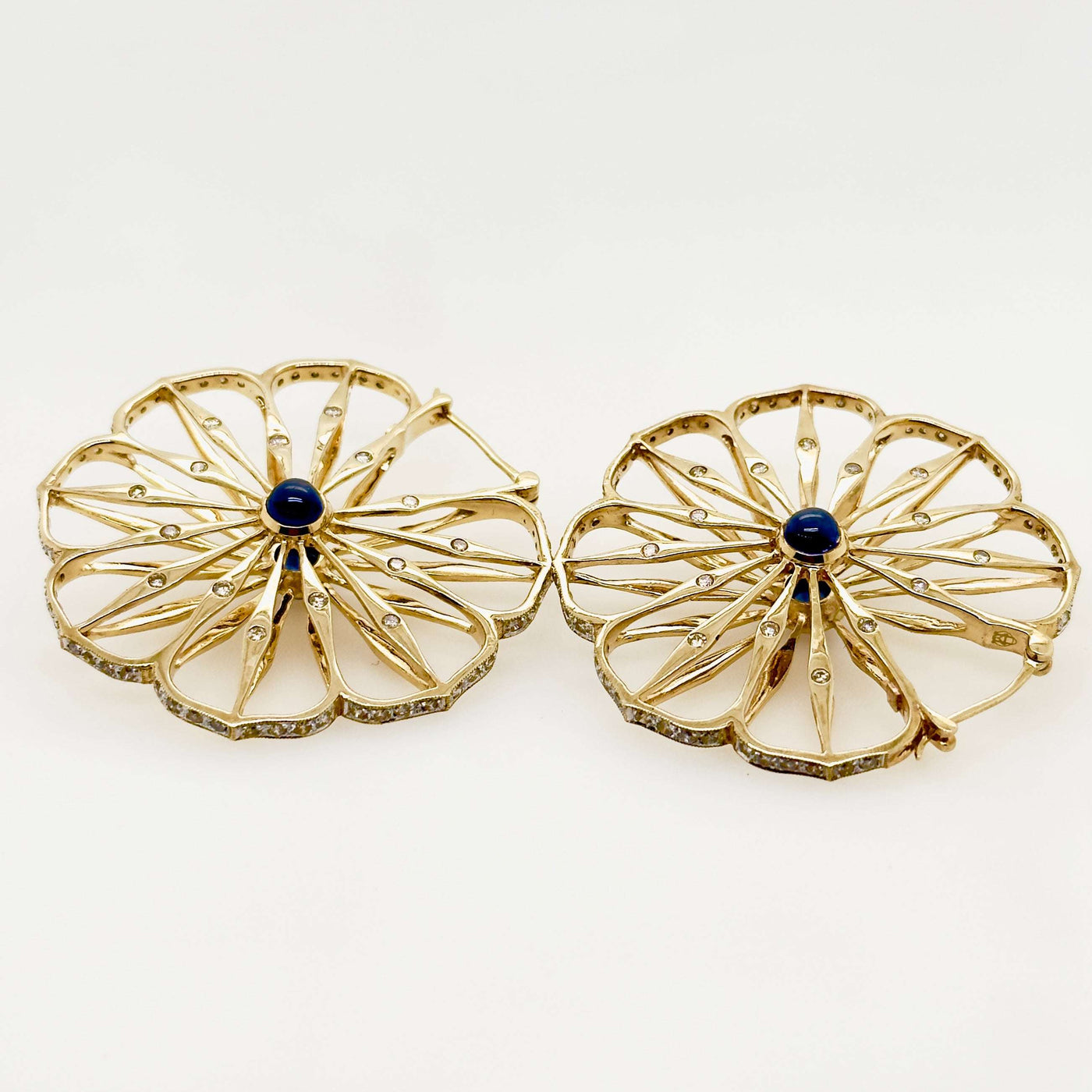 9ct Yellow Gold Cabochon Blue Sapphire and Diamond Hoops Earrings