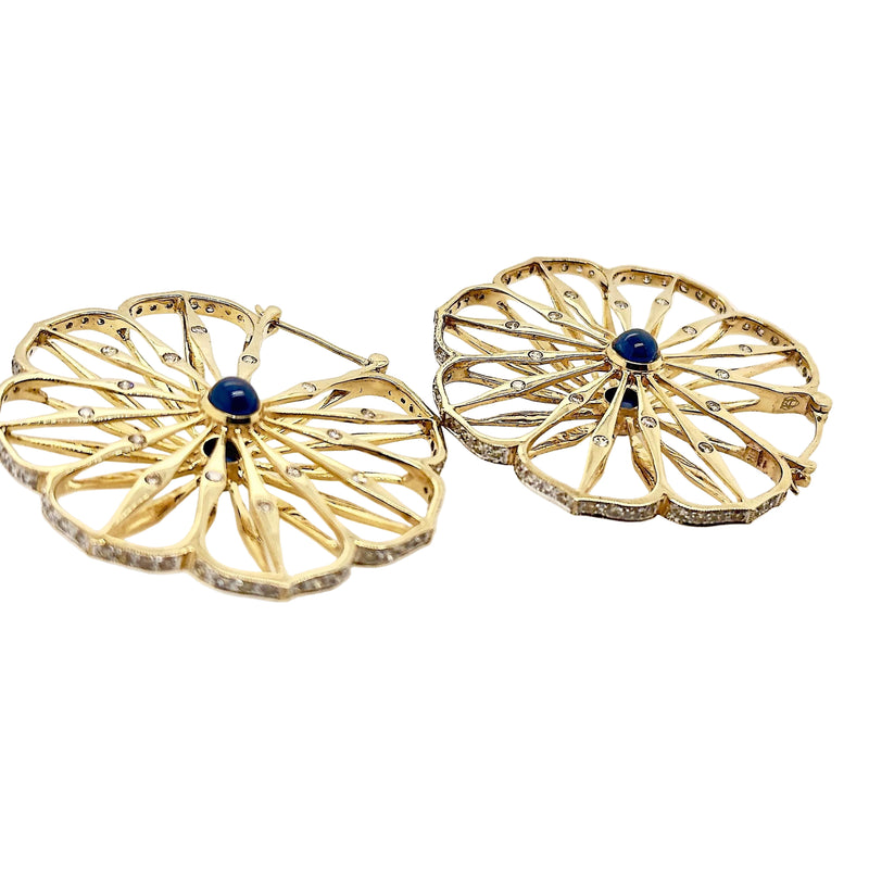 9ct Yellow Gold Cabochon Blue Sapphire and Diamond Hoops Earrings