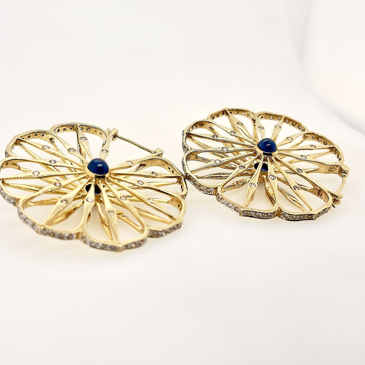 9ct Yellow Gold Cabochon Blue Sapphire and Diamond Hoops Earrings