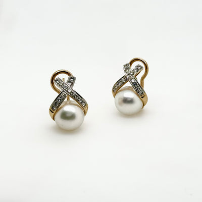 18ct Yellow Gold South Sea Pearl and Diamond Crossover Post and Clip Earrings