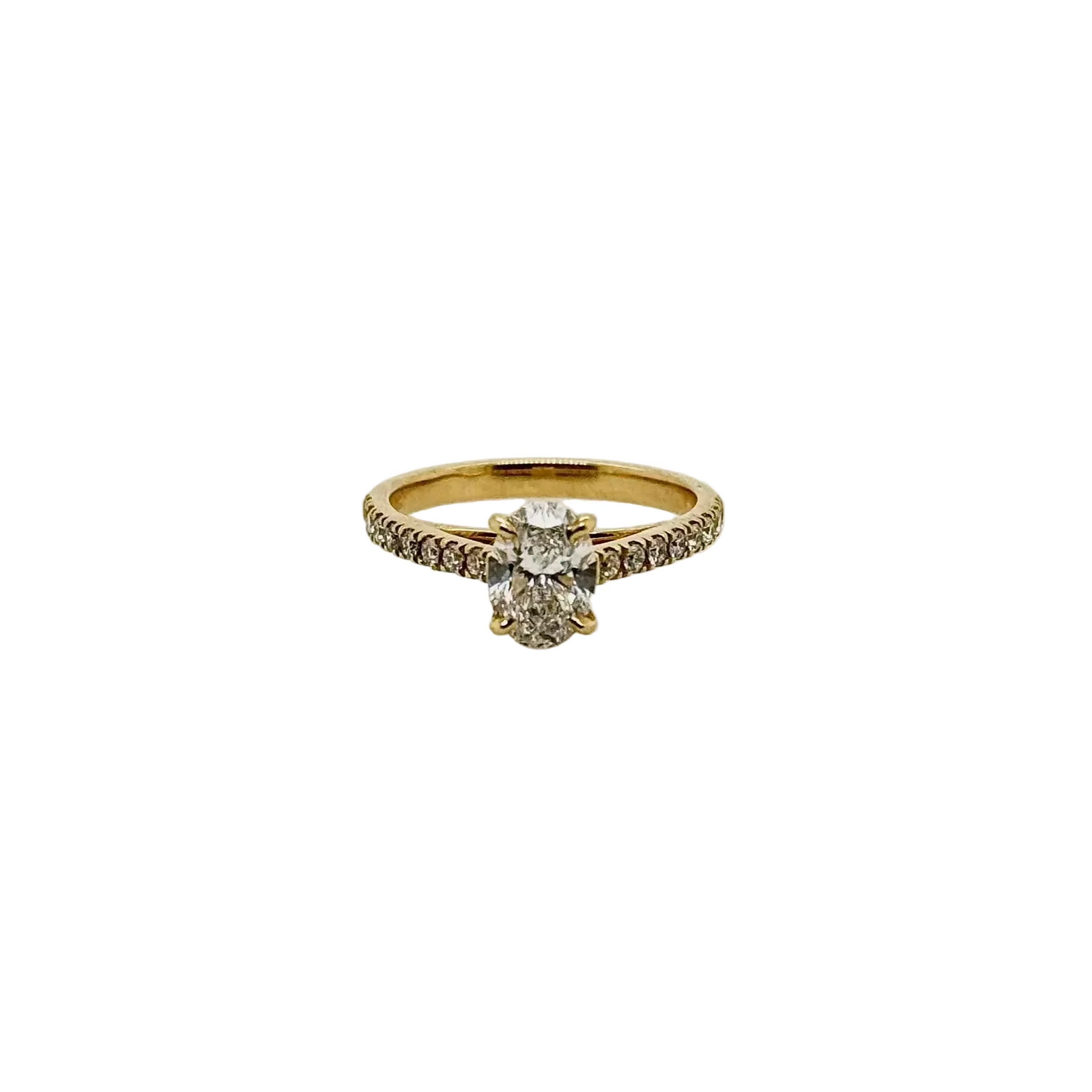 18ct Yellow Gold Oval Lab Grown Diamond Ring w/ 16 Natural Shoulder Diamonds