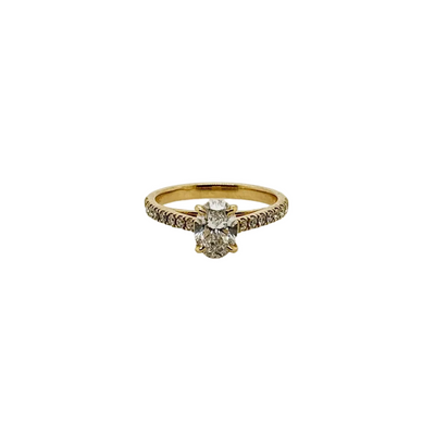18ct Yellow Gold Oval Lab Grown Diamond Ring w/ 16 Natural Shoulder Diamonds