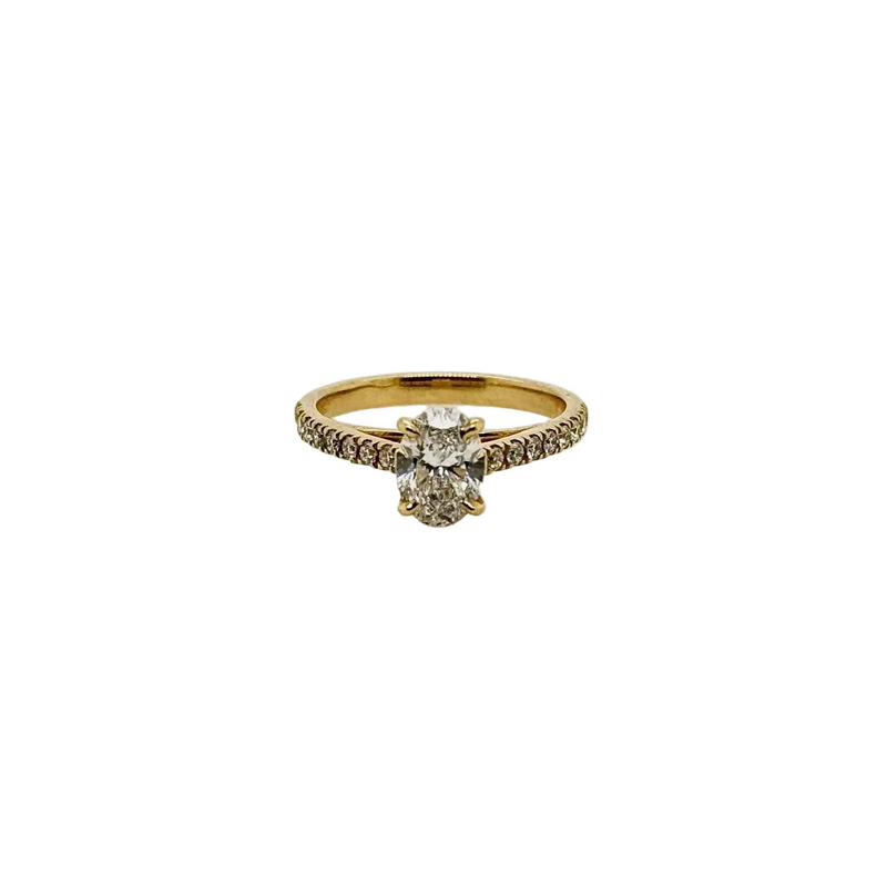 18ct Yellow Gold Oval Lab Grown Diamond Ring w/ 16 Natural Shoulder Diamonds