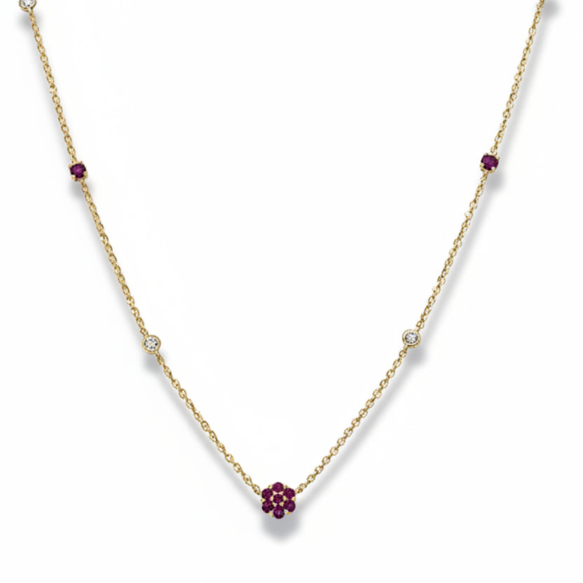 18ct Yellow Gold Fine Ruby Cluster and Diamond Necklet