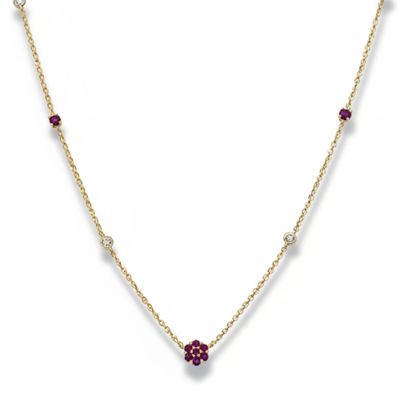 18ct Yellow Gold Fine Ruby Cluster and Diamond Necklet