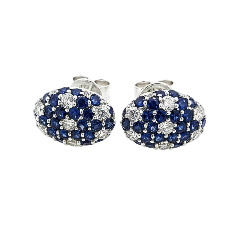 18ct White Gold Blue Sapphire and Diamond Oval Cluster Stud Earrings
