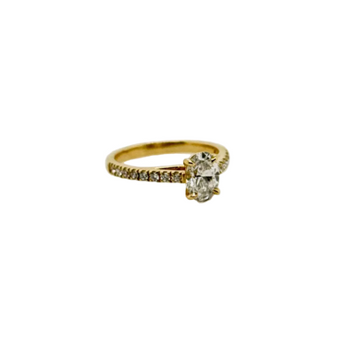 18ct Yellow Gold Oval Lab Grown Diamond Ring w/ 16 Natural Shoulder Diamonds