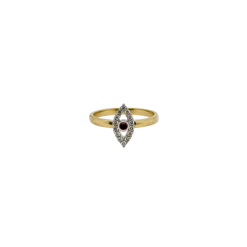 18ct Yellow And White Gold Small Ruby and Marquise Diamond Halo Ring