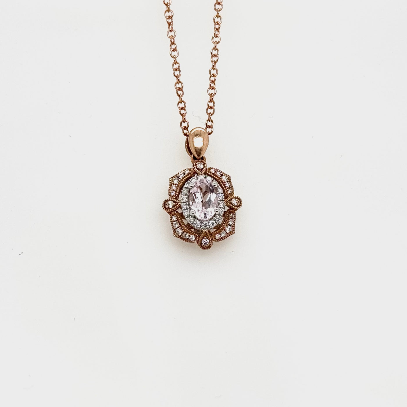 9ct Rose Gold Morganite and Diamond Vintage Pendant