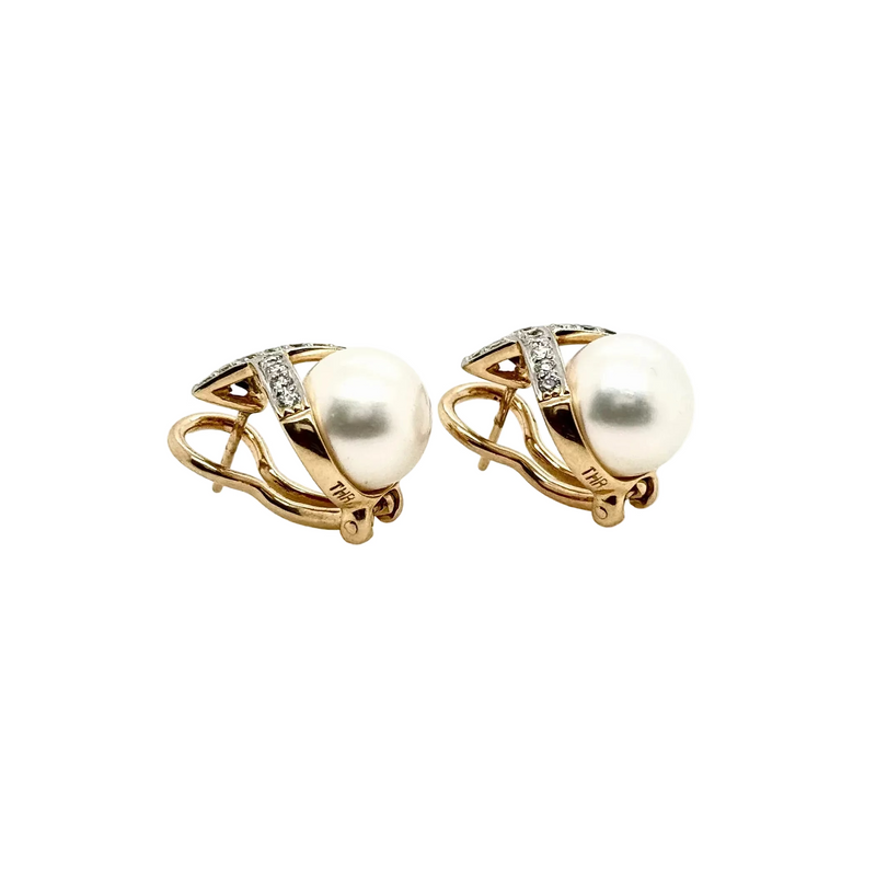 18ct Yellow Gold South Sea Pearl and Diamond Crossover Post and Clip Earrings