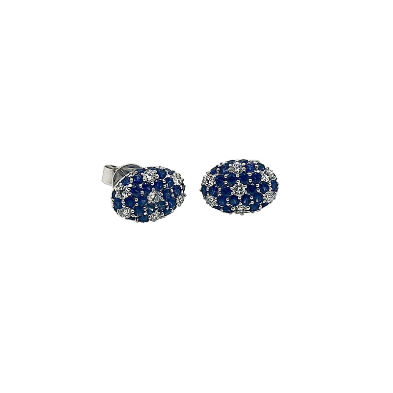 18ct White Gold Blue Sapphire and Diamond Oval Cluster Stud Earrings
