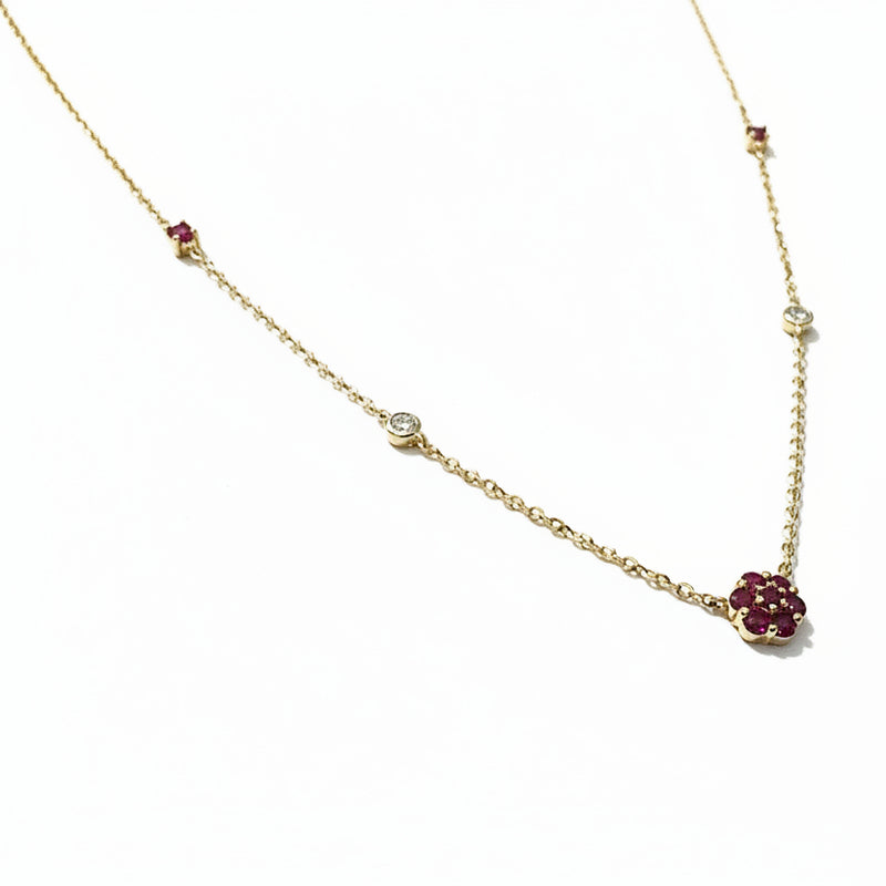 18ct Yellow Gold Fine Ruby Cluster and Diamond Necklet