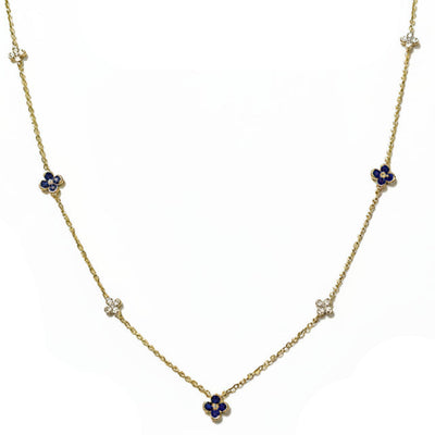 18ct Yellow Gold Fine Diamond and Blue Sapphire Four Leaf Clover Necklet